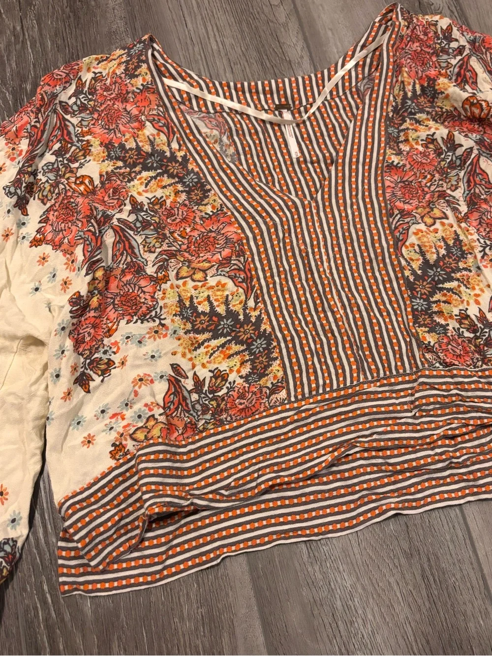 Free People Cream Floral Boho Peasant Top with Rust and Brown Accents